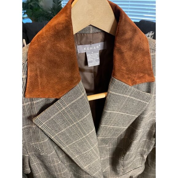Kenar Brown Plaid Suede Leather Trim Elbow Pads Single Button Blazer Sz 8 - Picture 4 of 10